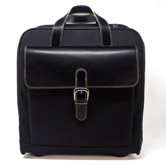 Jack Georges Milano Business Traveler | Black Leather & Nylon Laptop Rolling Bag - Picture 6 of 6